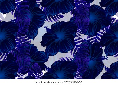 Tropical pattern. Blue, indigo, black exotic summer flower vector background. Beauty fasion monstera, palm leaves and hibiscus flowers. Hawaiian tropic jungle endless print. Natural swimwear design.