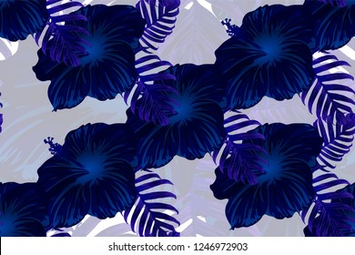 Tropical pattern. Blue, indigo, black exotic summer flower vector background. Beauty fasion monstera, palm leaves and hibiscus flowers. Hawaiian tropic jungle endless print. Natural swimwear design.