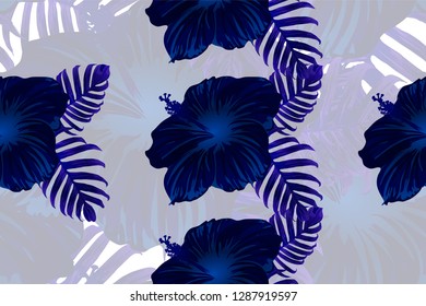 Tropical pattern. Blue, indigo, black exotic summer flower vector background. Beauty fasion monstera, palm leaves and hibiscus flowers. Hawaiian tropic jungle endless print. Natural swimwear design.