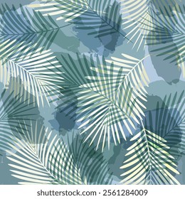 Tropical pattern, blue watercolor palm leaves, seamless vector background. Leaves of palm tree, jungle print on brush stains