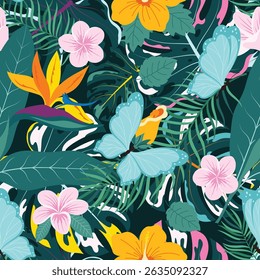 tropical pattern with botanical elements in flat style, palm leaf, hibiscus, plumeria and strelitzia flowers and butterfly, tropical leaves pattern for textile and decoration