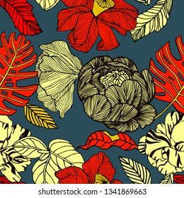 Tropical pattern, bright fruits and leaves.
