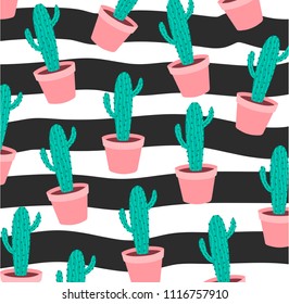 Tropical pattern with  cactuses. Cactuses on a striped background. Vector illustration. 