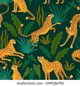 Tropical pattern with cheetahs. Vector seamless square pattern with cheetahs in various poses surrounded by tropical leaves. Isolated on dark green background