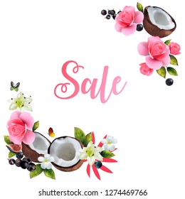 Tropical pattern of coconut and flowers. Banner with the image of realistic coconuts and flowers. on a white background.