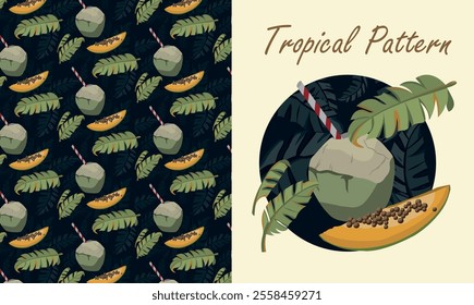 Tropical Pattern with Coconuts, Banana Leaves, and Papayas

A stylish vector pattern featuring tropical elements: juicy papayas, exotic banana leaves, and refreshing coconuts. Perfect for
