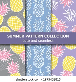 Colección de patrones tropicales con piñas. Cartel de verano. Vector