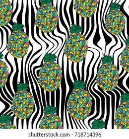 Tropical pattern with colorful geometric pineapples.Low poly crystallized pop art style.Striped black and white background.For textile,texture,fabric,wallpaper and t-shirt design.Vector illustration.