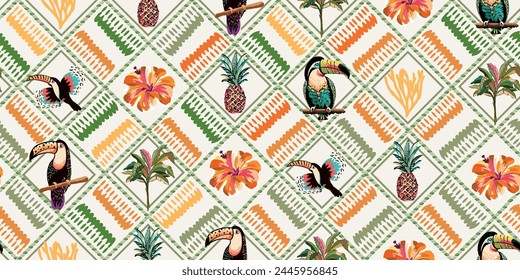 Patrón tropical con palmeras coloridas, pájaros, hojas, piñas. Ilustración dibujada a mano del Arte vectorial para el diseño del verano, impresión, Fondo de pantalla exótico, textil, tela, decoración