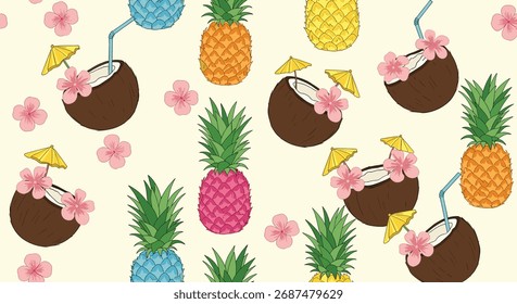 A tropical pattern of colorful pineapples and coconuts with flowers.