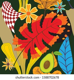 Tropical pattern. Colorful tropical poster design. Exotic leaves, flowers, plants and branches art print. For printing on Wallpaper and fabrics, handkerchiefs.