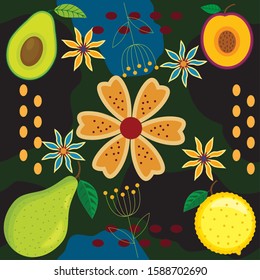 Tropical pattern. Colorful tropical poster design. Exotic leaves, flowers, plants and branches art print. For printing on Wallpaper and fabrics, handkerchiefs.