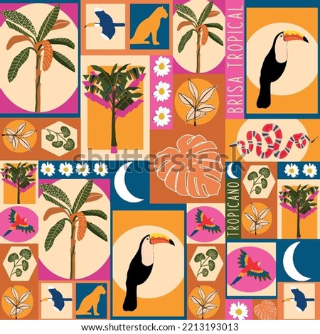 Tropical Pattern with colors, animals and plants
