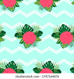 Tropical pattern with composition of leaves. Vector illustration of summer with zigzag lines on blue background. Seamless exotic wallpaper. For web, banners, scrapbooking, printing on fabric, wrapping