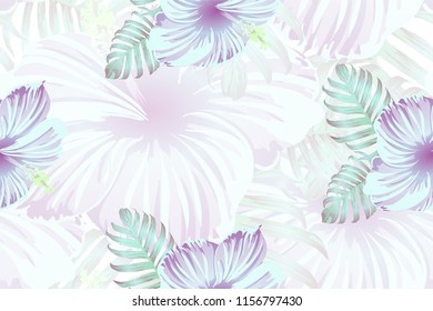 Tropical pattern. Cyan, white, blue exotic summer flower vector background. Beauty fasion monstera, palm leaves and hibiscus flowers. Hawaiian tropic jungle endless print. Natural swimwear design.