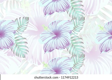 Tropical pattern. Cyan, white, blue exotic summer flower vector background. Beauty fasion monstera, palm leaves and hibiscus flowers. Hawaiian tropic jungle endless print. Natural swimwear design.