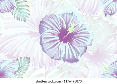 Tropical pattern. Cyan, white, blue exotic summer flower vector background. Beauty fasion monstera, palm leaves and hibiscus flowers. Hawaiian tropic jungle endless print. Natural swimwear design.