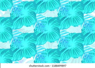 Tropical pattern. Cyan, white, blue exotic summer flower vector background. Beauty fasion monstera, palm leaves and hibiscus flowers. Hawaiian tropic jungle endless print. Natural swimwear design.