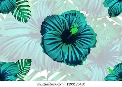 Tropical pattern. Cyan, white, blue exotic summer flower vector background. Beauty fasion monstera, palm leaves and hibiscus flowers. Hawaiian tropic jungle endless print. Natural swimwear design.