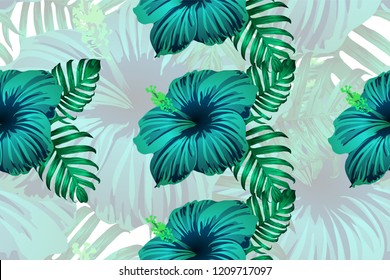 Tropical pattern. Cyan, white, blue exotic summer flower vector background. Beauty fasion monstera, palm leaves and hibiscus flowers. Hawaiian tropic jungle endless print. Natural swimwear design.