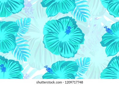Tropical pattern. Cyan, white, blue exotic summer flower vector background. Beauty fasion monstera, palm leaves and hibiscus flowers. Hawaiian tropic jungle endless print. Natural swimwear design.