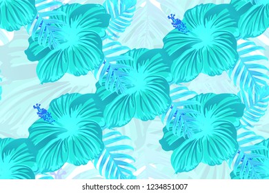 Tropical pattern. Cyan, white, blue exotic summer flower vector background. Beauty fasion monstera, palm leaves and hibiscus flowers. Hawaiian tropic jungle endless print. Natural swimwear design.