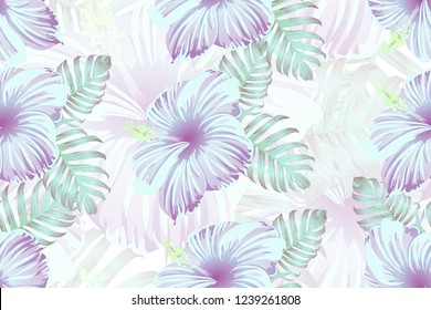 Tropical pattern. Cyan, white, blue exotic summer flower vector background. Beauty fasion monstera, palm leaves and hibiscus flowers. Hawaiian tropic jungle endless print. Natural swimwear design.