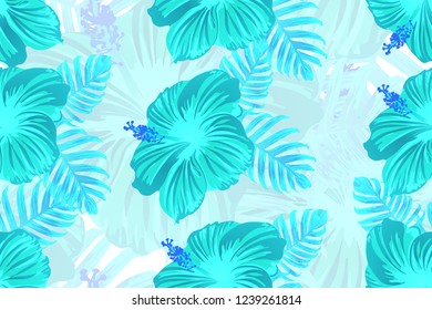 Tropical pattern. Cyan, white, blue exotic summer flower vector background. Beauty fasion monstera, palm leaves and hibiscus flowers. Hawaiian tropic jungle endless print. Natural swimwear design.