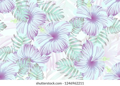 Tropical pattern. Cyan, white, blue exotic summer flower vector background. Beauty fasion monstera, palm leaves and hibiscus flowers. Hawaiian tropic jungle endless print. Natural swimwear design.
