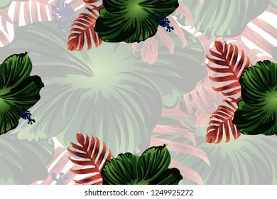 Tropical pattern. Cyan, white, blue exotic summer flower vector background. Beauty fasion monstera, palm leaves and hibiscus flowers. Hawaiian tropic jungle endless print. Natural swimwear design.