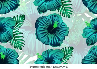 Tropical pattern. Cyan, white, blue exotic summer flower vector background. Beauty fasion monstera, palm leaves and hibiscus flowers. Hawaiian tropic jungle endless print. Natural swimwear design.