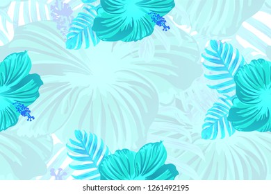 Tropical pattern. Cyan, white, blue exotic summer flower vector background. Beauty fasion monstera, palm leaves and hibiscus flowers. Hawaiian tropic jungle endless print. Natural swimwear design.