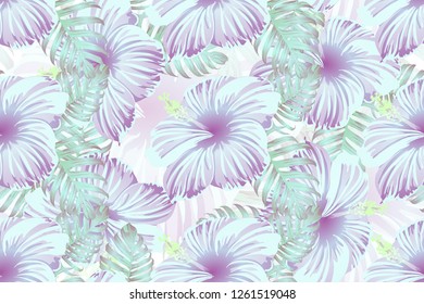 Tropical pattern. Cyan, white, blue exotic summer flower vector background. Beauty fasion monstera, palm leaves and hibiscus flowers. Hawaiian tropic jungle endless print. Natural swimwear design.