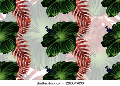 Tropical pattern. Cyan, white, blue exotic summer flower vector background. Beauty fasion monstera, palm leaves and hibiscus flowers. Hawaiian tropic jungle endless print. Natural swimwear design.