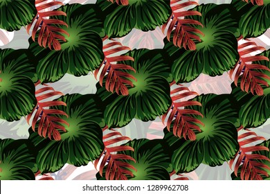 Tropical pattern. Cyan, white, blue exotic summer flower vector background. Beauty fasion monstera, palm leaves and hibiscus flowers. Hawaiian tropic jungle endless print. Natural swimwear design.
