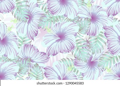 Tropical pattern. Cyan, white, blue exotic summer flower vector background. Beauty fasion monstera, palm leaves and hibiscus flowers. Hawaiian tropic jungle endless print. Natural swimwear design.