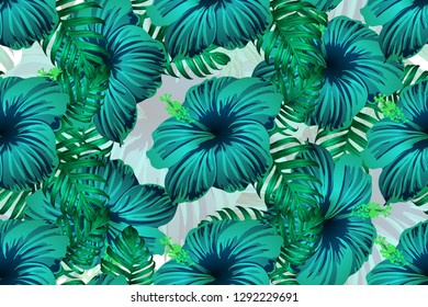 Tropical pattern. Cyan, white, blue exotic summer flower vector background. Beauty fasion monstera, palm leaves and hibiscus flowers. Hawaiian tropic jungle endless print. Natural swimwear design.