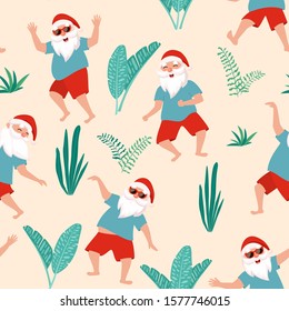 Tropical pattern with dancing Santa. Vector seamless texture.