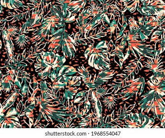 Tropical pattern with dark background. Seamless graphic design with amazing tropical leaves. perfect for fashion and decoration