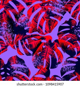 Tropical pattern depicting pink and purple palm trees with with yellow highlights reflections on a turquoise background in the monster leaves. Botanical wallpaper.