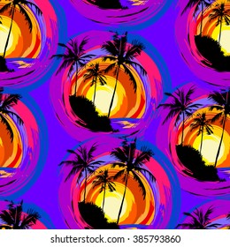   tropical pattern depicting pink and purple palm trees with  with yellow highlights reflections on a turquoise background