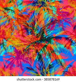   tropical pattern depicting pink and purple palm trees with  with yellow highlights reflections on a turquoise background
