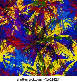   tropical pattern depicting pink and purple palm trees with  with yellow highlights reflections on a turquoise background