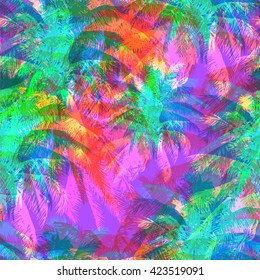   tropical pattern depicting pink and purple palm trees with  with yellow highlights reflections on a turquoise background in crazy colors