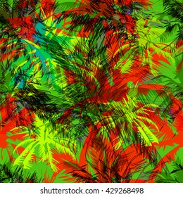 tropical pattern depicting pink and purple palm trees with with yellow highlights reflections on a turquoise background