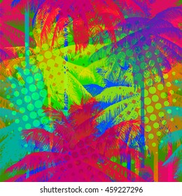 tropical pattern depicting pink and purple palm trees with with yellow highlights reflections on a turquoise background