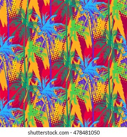 tropical pattern depicting pink and purple palm trees with with yellow highlights reflections on a turquoise background