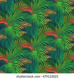 tropical pattern depicting pink and purple palm trees with with yellow highlights reflections on a turquoise background