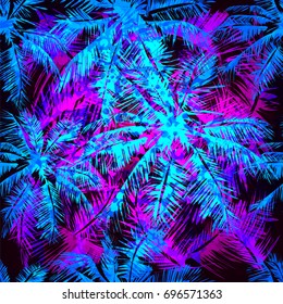 tropical pattern depicting pink and purple palm trees with with yellow highlights reflections on a turquoise background. Seamless tropical multicolor wallpaper