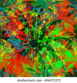 tropical pattern depicting pink and purple palm trees with with yellow highlights reflections on a turquoise background. Seamless tropical multicolor wallpaper